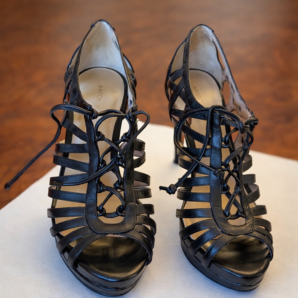 Antonio Melani Black Leather Lace Up Heels Platform 4” Size 8M